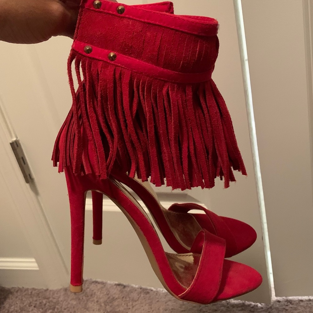 Red fringe heels
